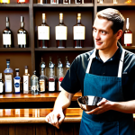 A professional male bartender, fully clothed in a modest, crisp black shirt and apron, attentively converses with a customer across a clean, inviting wooden bar. He holds a polished cocktail shaker with his well-formed hands, showing correct proportions and a natural pose, while maintaining eye contact and a friendly expression. The background features neatly organized shelves with various spirit bottles and sparkling glassware, softly lit to create a warm, welcoming atmosphere. The scene emphasizes excellent service and the foundational aspect of the profession. safe for work, appropriate content, fully clothed, professional, perfect anatomy, natural body proportions, high quality photography.