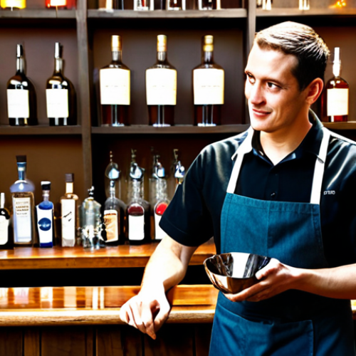 Home 6 A professional male bartender, fully clothed in a modest, crisp black shirt and apron, attentively converses with a customer across a clean, inviting wooden bar. He holds a polished cocktail shaker with his well-formed hands, showing correct proportions and a natural pose, while maintaining eye contact and a friendly expression. The background features neatly organized shelves with various spirit bottles and sparkling glassware, softly lit to create a warm, welcoming atmosphere. The scene emphasizes excellent service and the foundational aspect of the profession. safe for work, appropriate content, fully clothed, professional, perfect anatomy, natural body proportions, high quality photography.