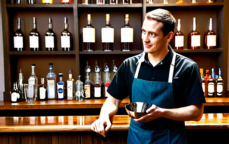 A professional male bartender, fully clothed in a modest, crisp black shirt and apron, attentively converses with a customer across a clean, inviting wooden bar. He holds a polished cocktail shaker with his well-formed hands, showing correct proportions and a natural pose, while maintaining eye contact and a friendly expression. The background features neatly organized shelves with various spirit bottles and sparkling glassware, softly lit to create a warm, welcoming atmosphere. The scene emphasizes excellent service and the foundational aspect of the profession. safe for work, appropriate content, fully clothed, professional, perfect anatomy, natural body proportions, high quality photography.